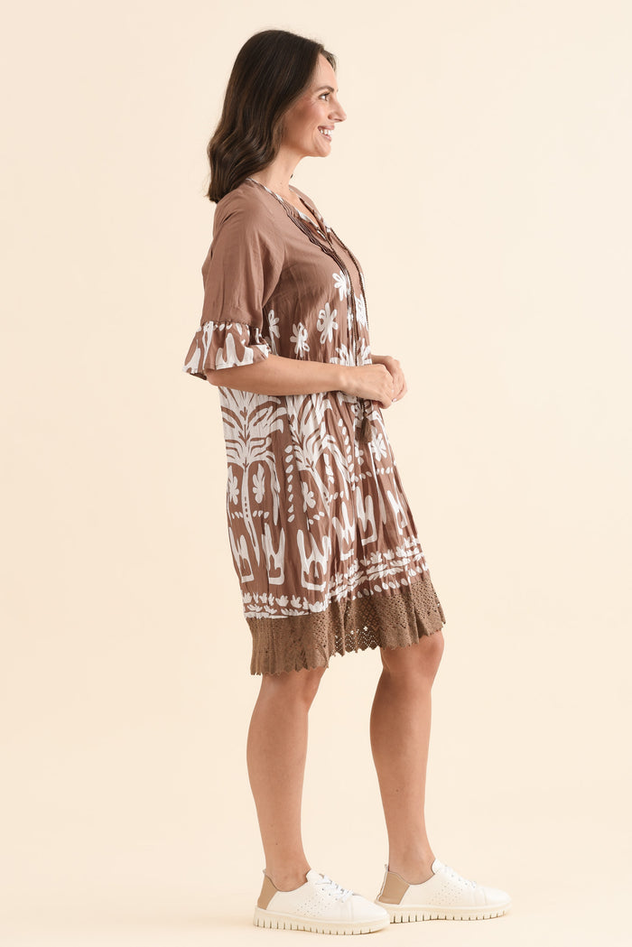 Cayman Mocha Beach Cotton Tunic Dress,Side,Brunette model,alt text|model:MJ