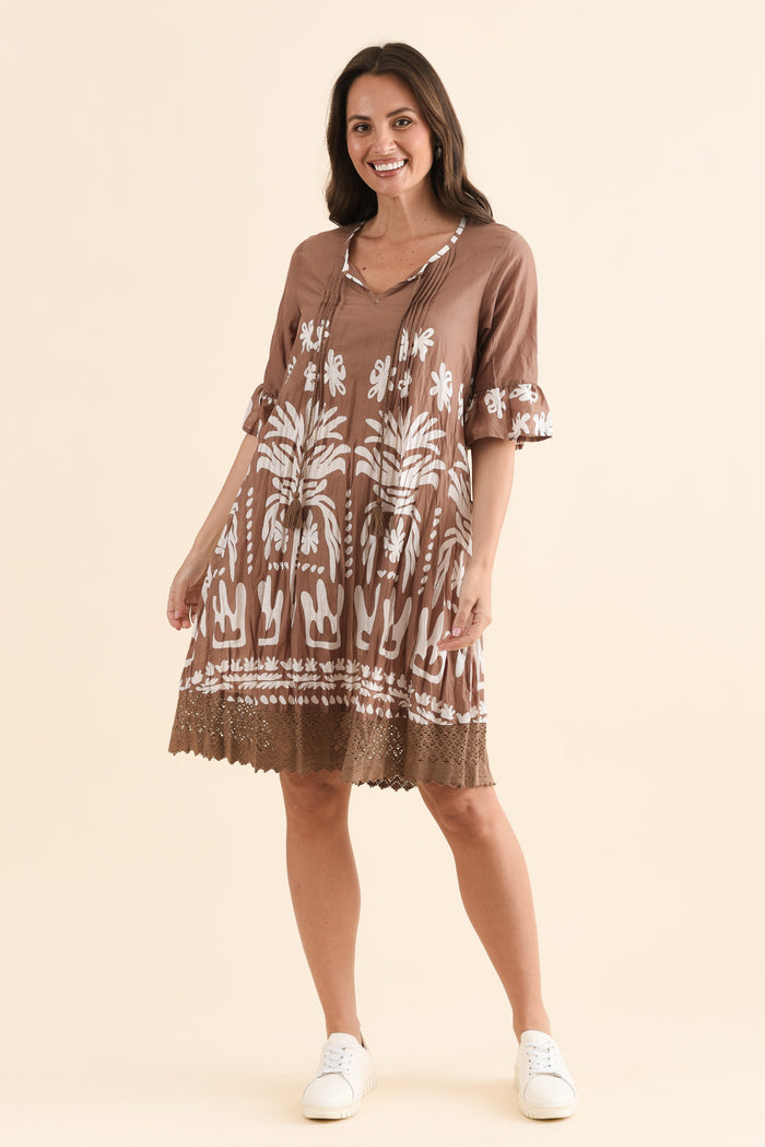 Cayman Mocha Beach Cotton Tunic Dress,Full Body,Brunette model,alt text|model:MJ