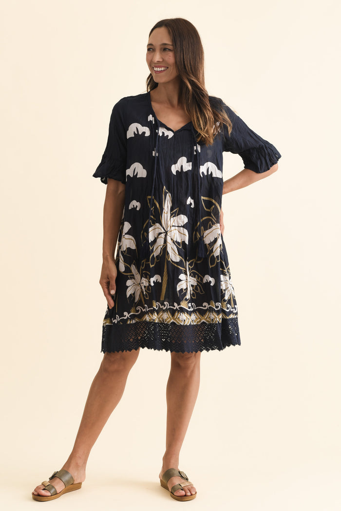 Cayman Navy Seaside Cotton Tunic Dress,Brunette model,alt text|model:Cara