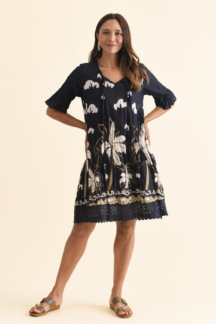 Cayman Navy Seaside Cotton Tunic Dress,Brunette model,alt text|model:Cara
