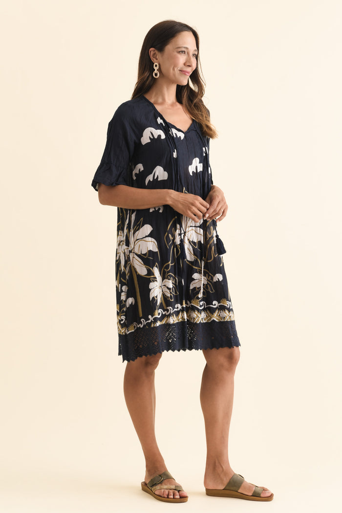 Cayman Navy Seaside Cotton Tunic Dress,Brunette model,alt text|model:Cara