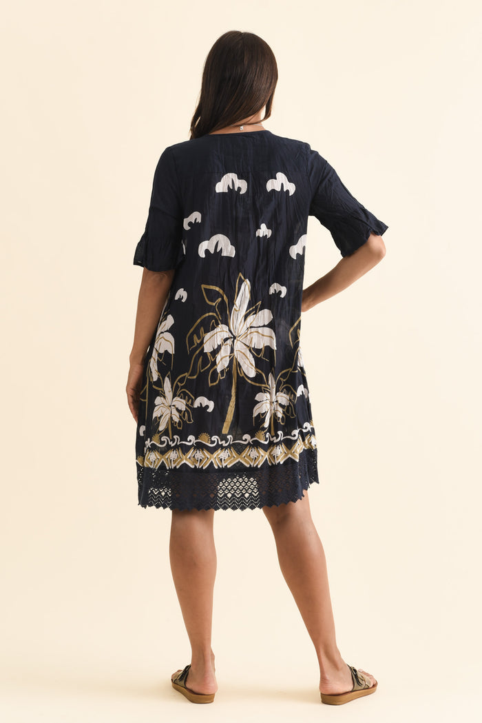 Cayman Navy Seaside Cotton Tunic Dress,Brunette model,alt text|model:Cara