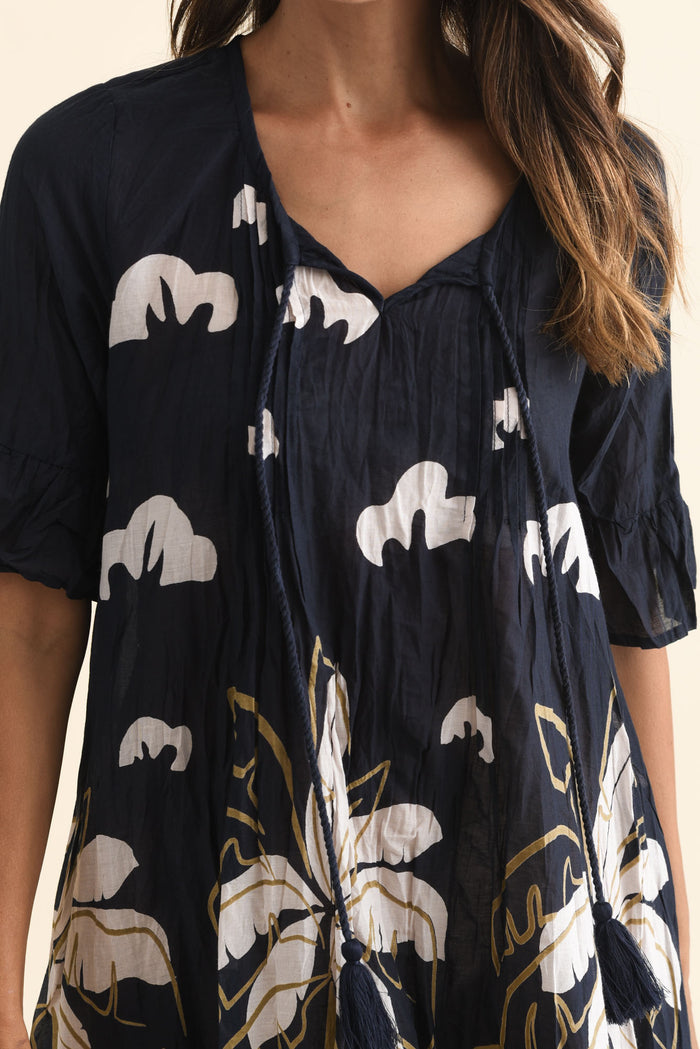 Cayman Navy Seaside Cotton Tunic Dress,Brunette model,alt text|model:Cara