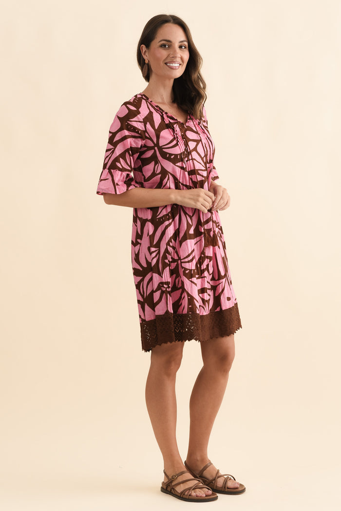 Cayman Pink Botanical Cotton Tunic Dress,Brunette model,alt text|model:MJ