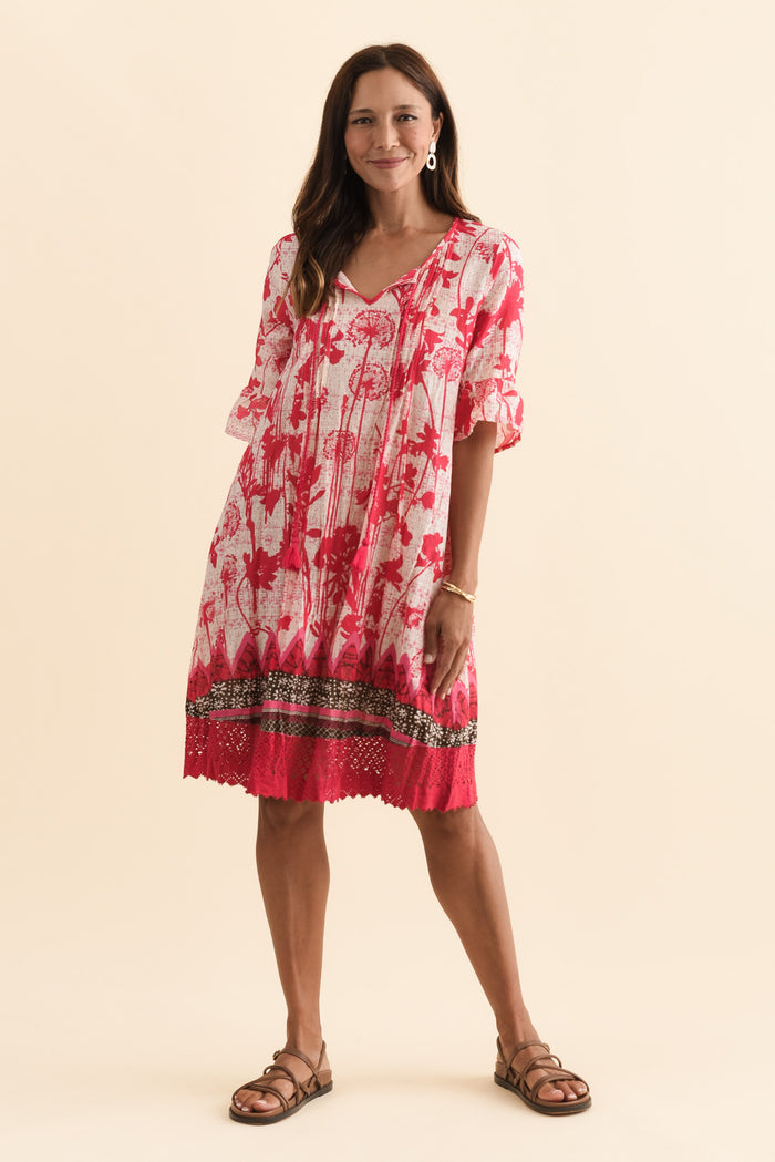 Cayman Pink Dandelion Cotton Tunic Dress,Brunette model,alt text|model:Cara