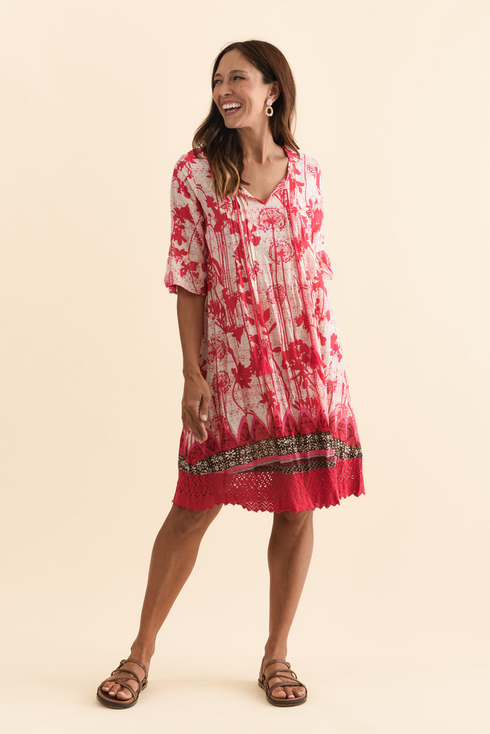 Cayman Pink Dandelion Cotton Tunic Dress,Brunette model,alt text|model:Cara