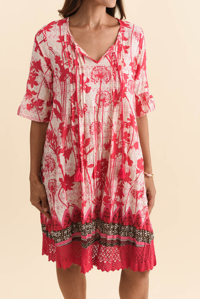 Cayman Pink Dandelion Cotton Tunic Dress,Brunette model,alt text|model:Cara