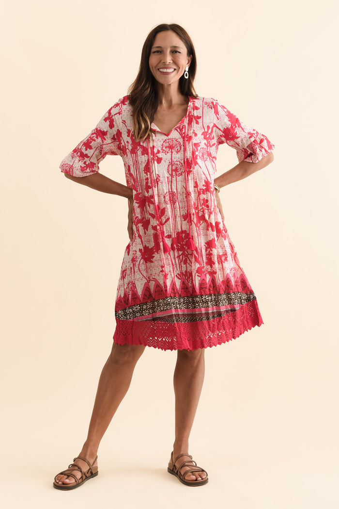 Cayman Pink Dandelion Cotton Tunic Dress,Brunette model,alt text|model:Cara