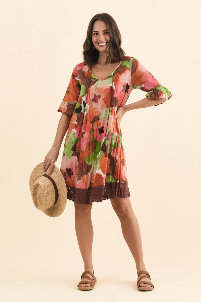 Cayman Pink Floral Cotton Tunic Dress,Brunette model,alt text|model:MJ