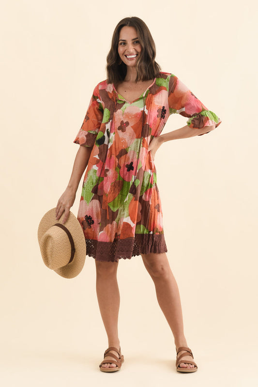 Cayman Pink Floral Cotton Tunic Dress,Brunette model,alt text|model:MJ