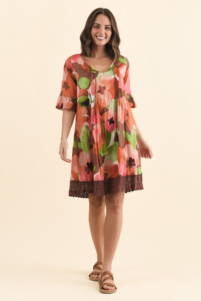 Cayman Pink Floral Cotton Tunic Dress,Brunette model,alt text|model:MJ