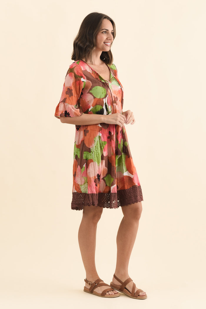 Cayman Pink Floral Cotton Tunic Dress,Brunette model,alt text|model:MJ