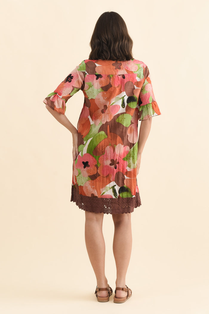 Cayman Pink Floral Cotton Tunic Dress,Brunette model,alt text|model:MJ