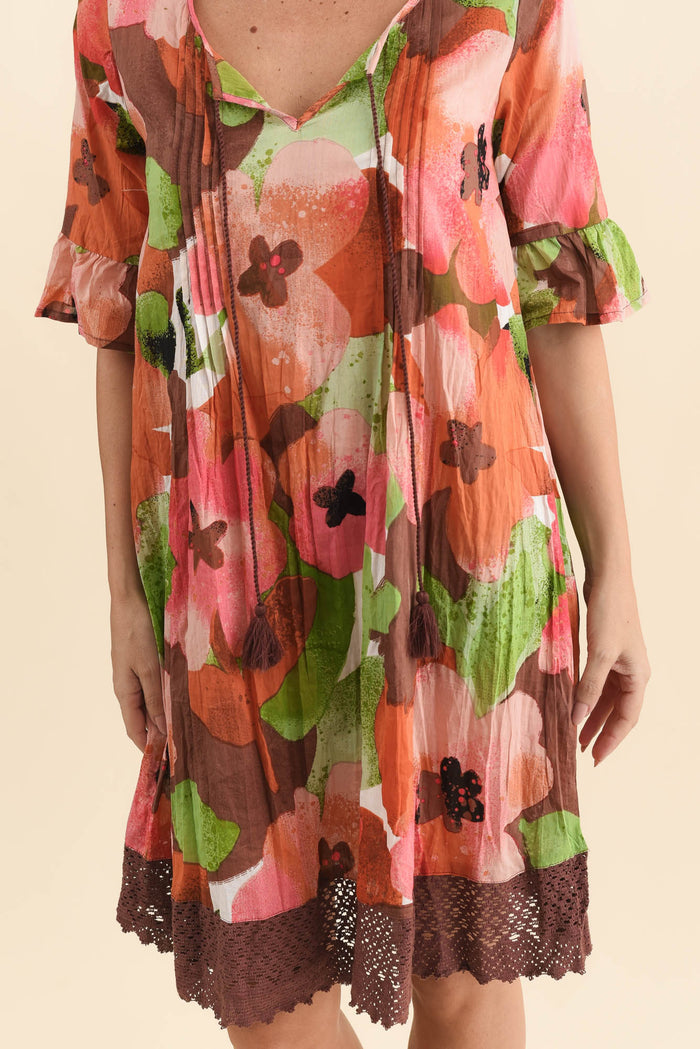 Cayman Pink Floral Cotton Tunic Dress,Brunette model,alt text|model:MJ