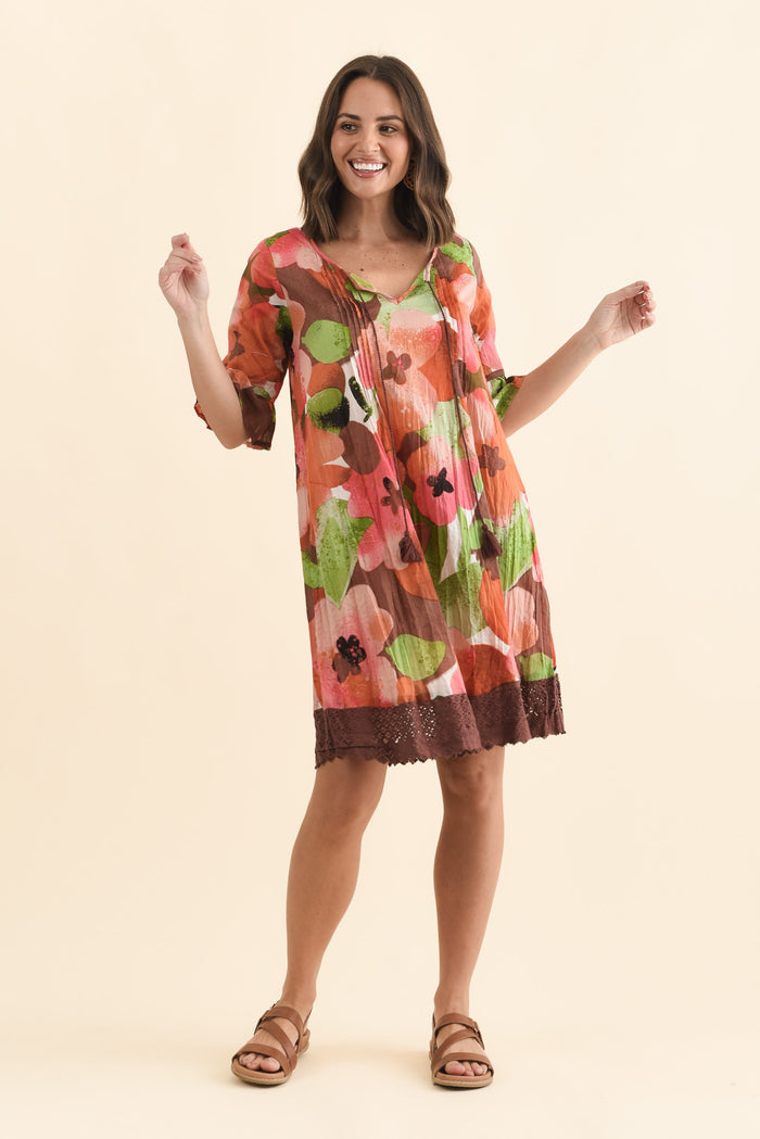Cayman Pink Floral Cotton Tunic Dress,Brunette model,alt text|model:MJ