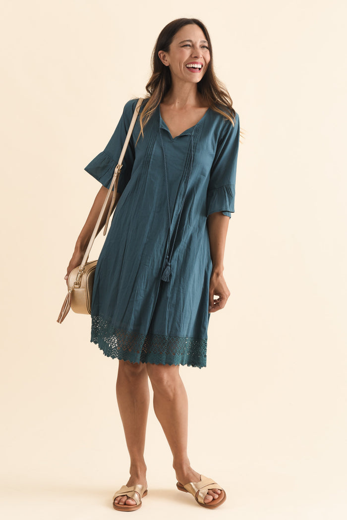 Cayman Teal Cotton Tunic Dress,Brunette model,alt text|model:Cara