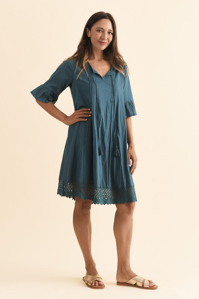 Cayman Teal Cotton Tunic Dress,Brunette model,alt text|model:Cara