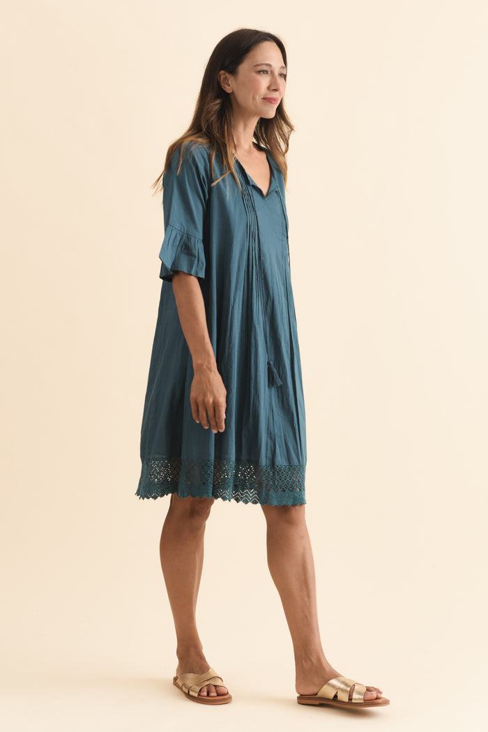 Cayman Teal Cotton Tunic Dress,Brunette model,alt text|model:Cara