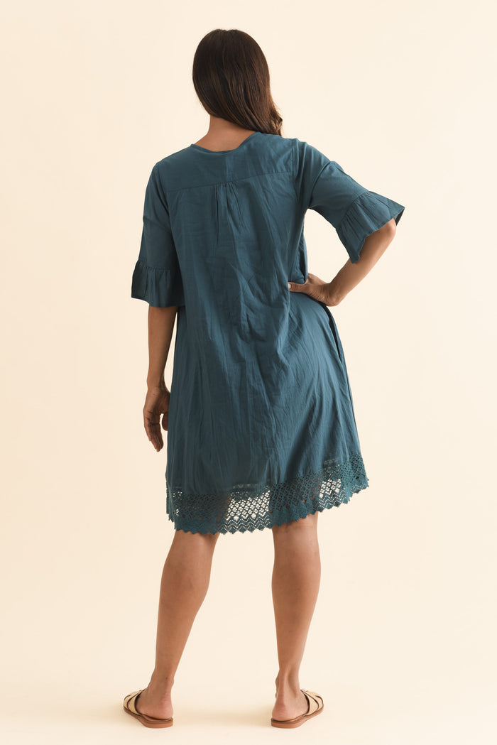 Cayman Teal Cotton Tunic Dress,Brunette model,alt text|model:Cara