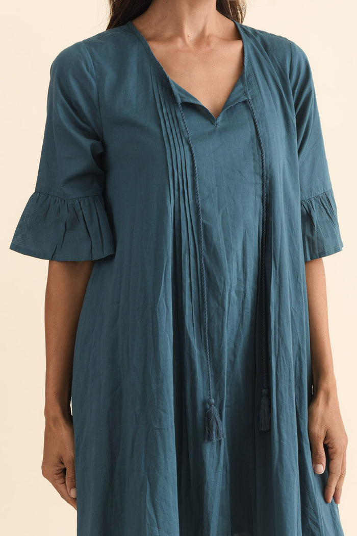 Cayman Teal Cotton Tunic Dress,Brunette model,alt text|model:Cara
