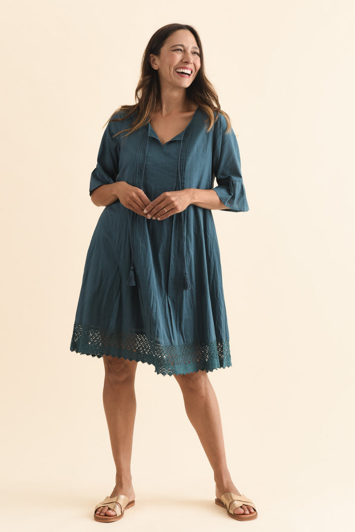 Cayman Teal Cotton Tunic Dress,Brunette model,alt text|model:Cara