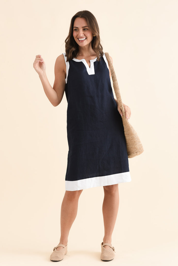 Cecilia Navy Contrast Linen Dress,Front,Brunette model,alt text|model:MJ