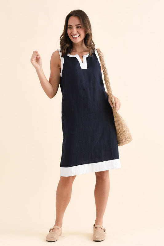 Cecilia Navy Contrast Linen Dress,Front,Brunette model,alt text|model:MJ