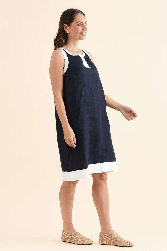 Cecilia Navy Contrast Linen Dress,Side,Brunette model,alt text|model:MJ