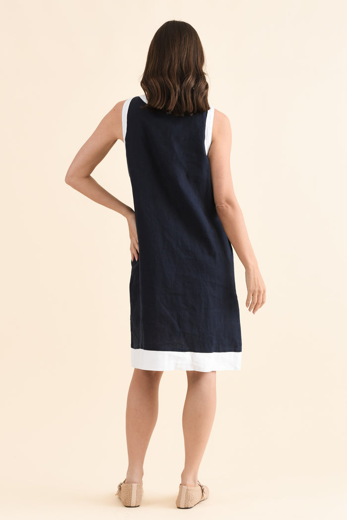 Cecilia Navy Contrast Linen Dress,Back,Brunette model,alt text|model:MJ