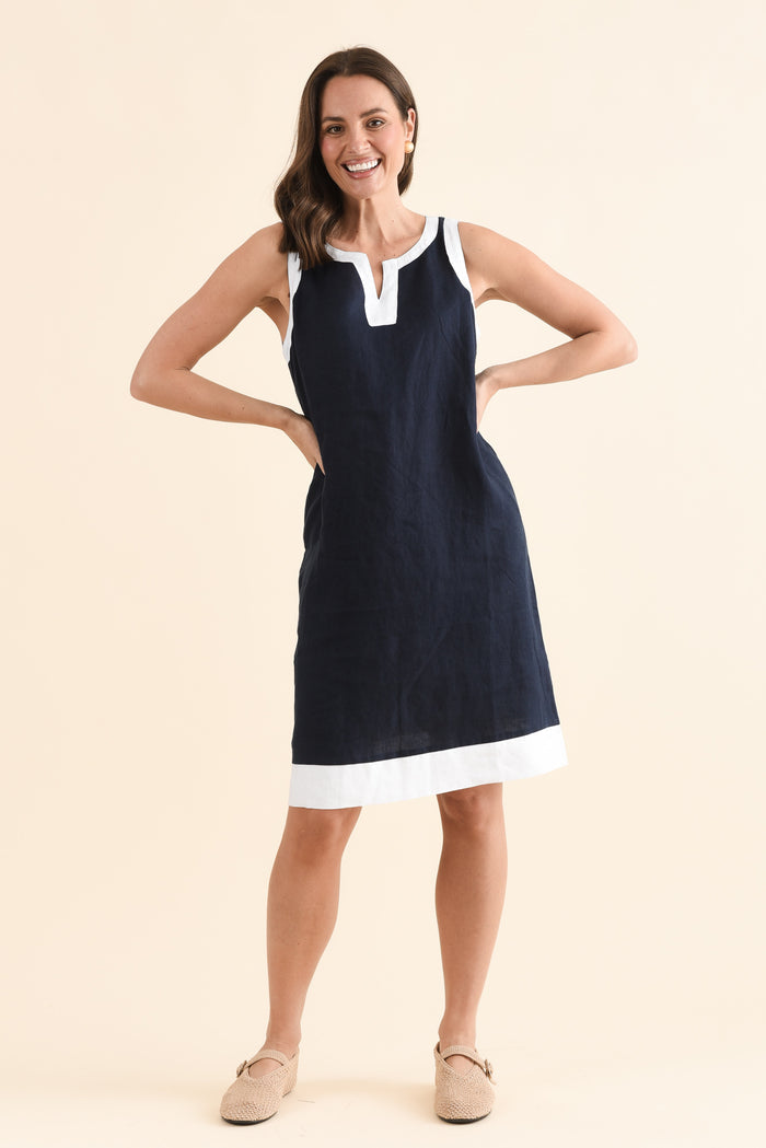 Cecilia Navy Contrast Linen Dress,Full Body,Brunette model,alt text|model:MJ