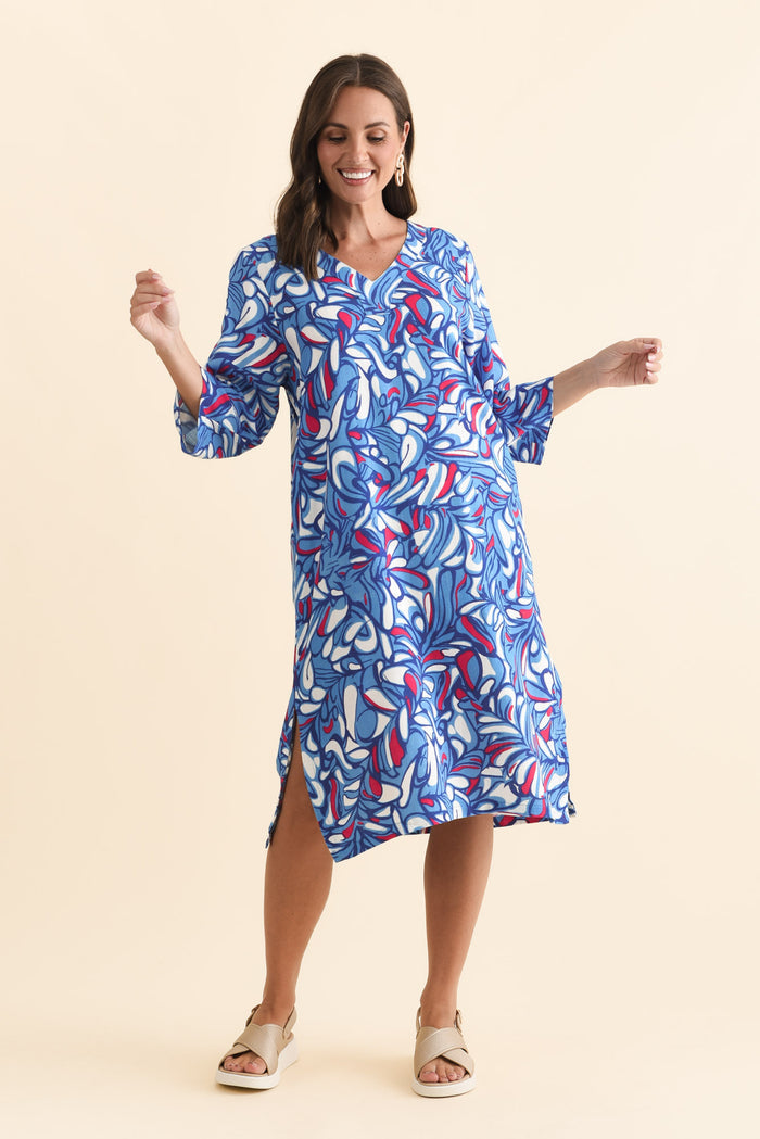 Celine Blue Ripple Linen Cotton Dress,Brunette model,alt text|model:MJ