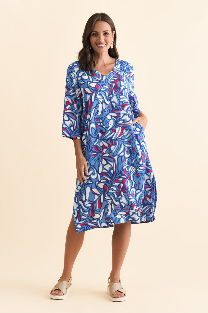 Celine Blue Ripple Linen Cotton Dress,Brunette model,alt text|model:MJ