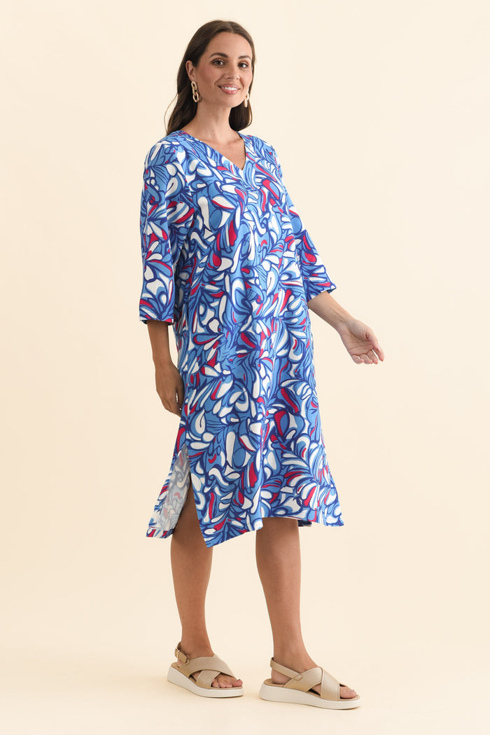 Celine Blue Ripple Linen Cotton Dress,Brunette model,alt text|model:MJ
