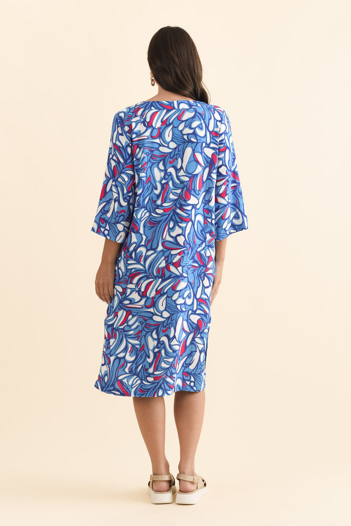 Celine Blue Ripple Linen Cotton Dress,Brunette model,alt text|model:MJ