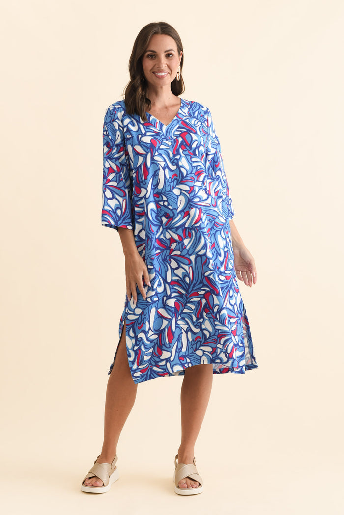Celine Blue Ripple Linen Cotton Dress,Brunette model,alt text|model:MJ