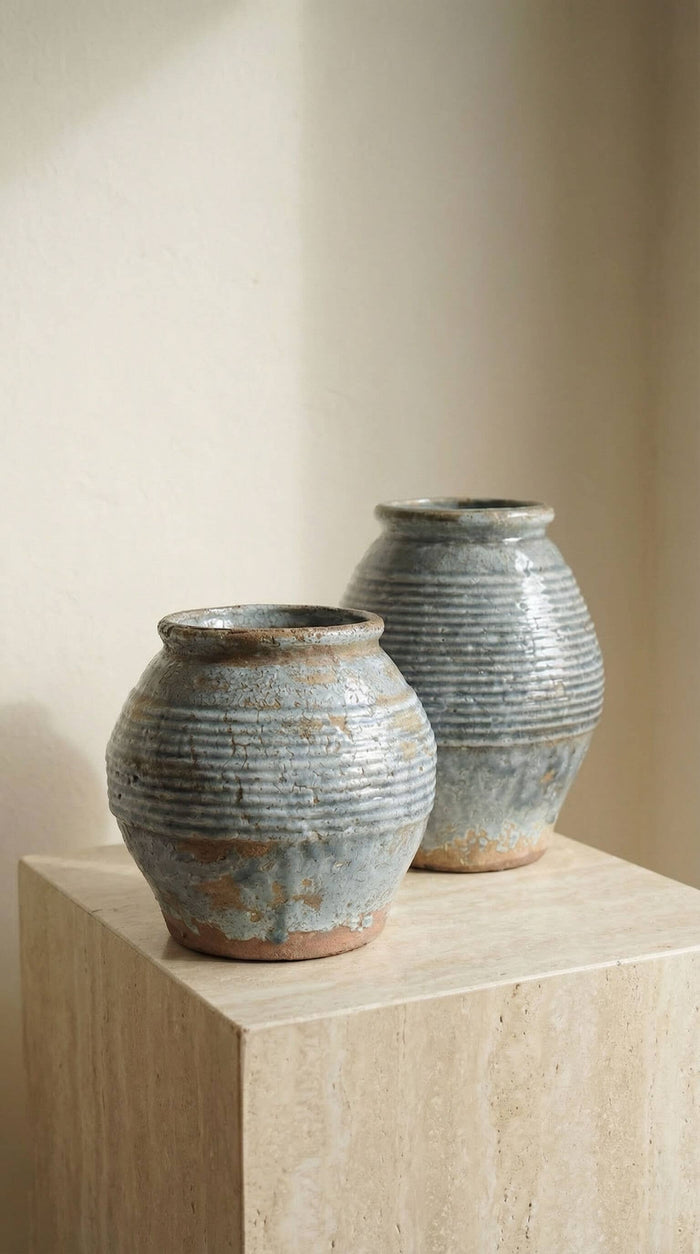 Ceramic Vase, Vintage Style, Smoky Blue Crackle - Ardea