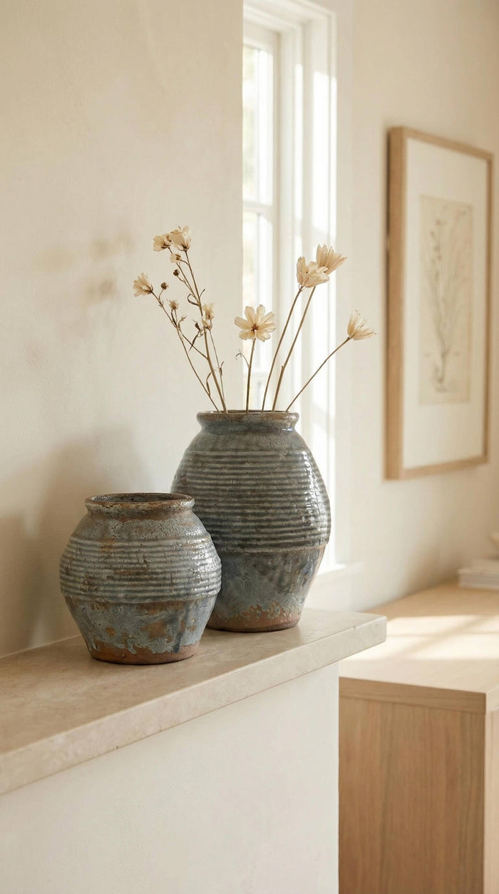 Ceramic Vase, Vintage Style, Smoky Blue Crackle - Ardea