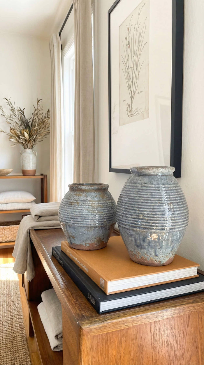 Ceramic Vase, Vintage Style, Smoky Blue Crackle - Ardea