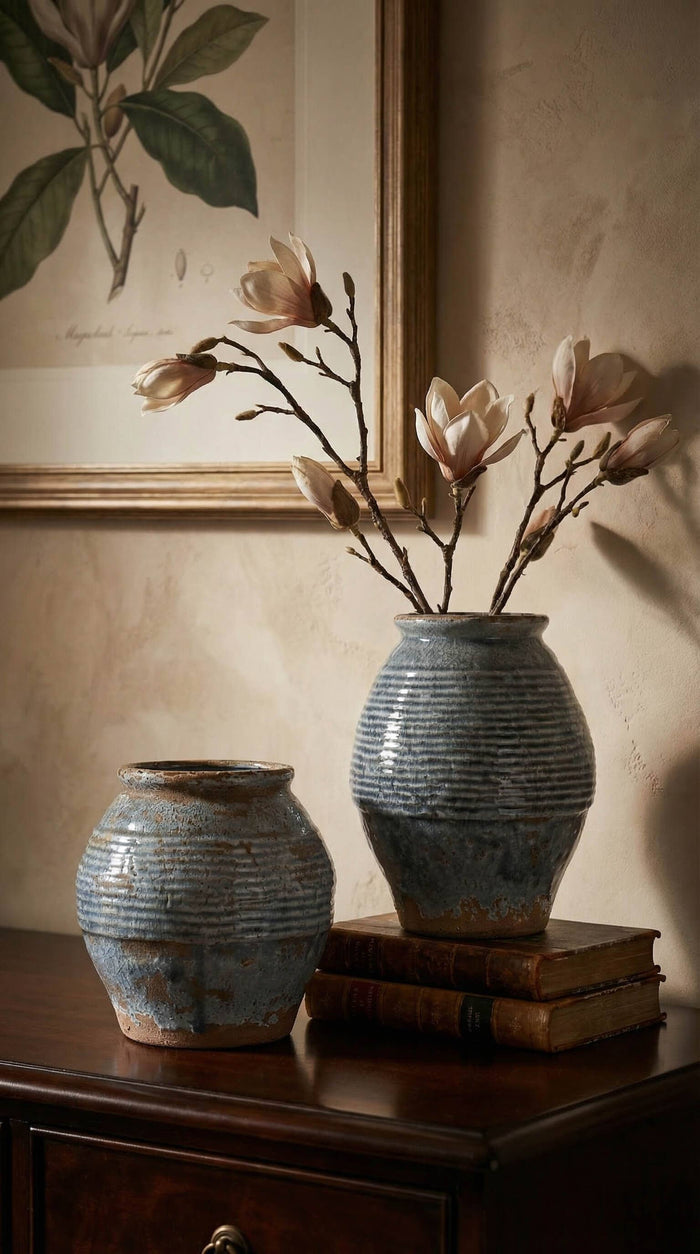 Ceramic Vase, Vintage Style, Smoky Blue Crackle - Ardea
