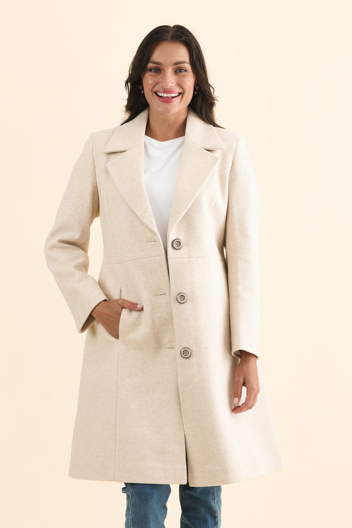 Cevish Beige Button Coat,Brunette model,alt text|model:Brontie