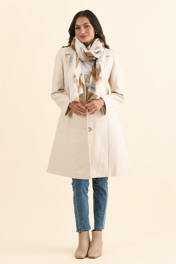 Cevish Beige Button Coat,Brunette model,alt text|model:Brontie
