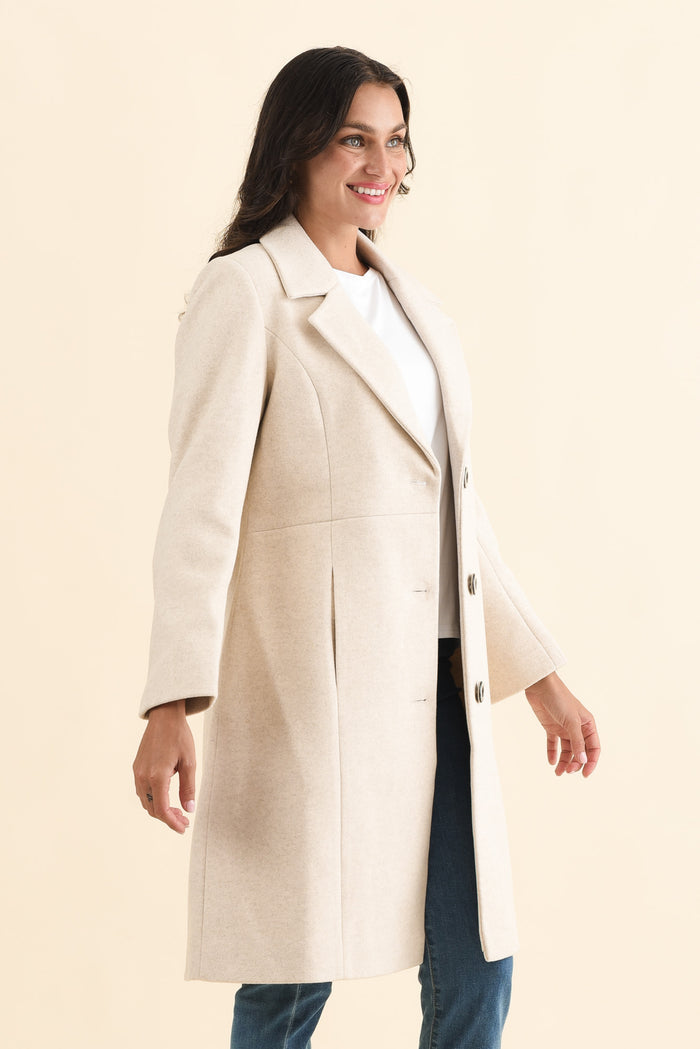Cevish Beige Button Coat,Brunette model,alt text|model:Brontie