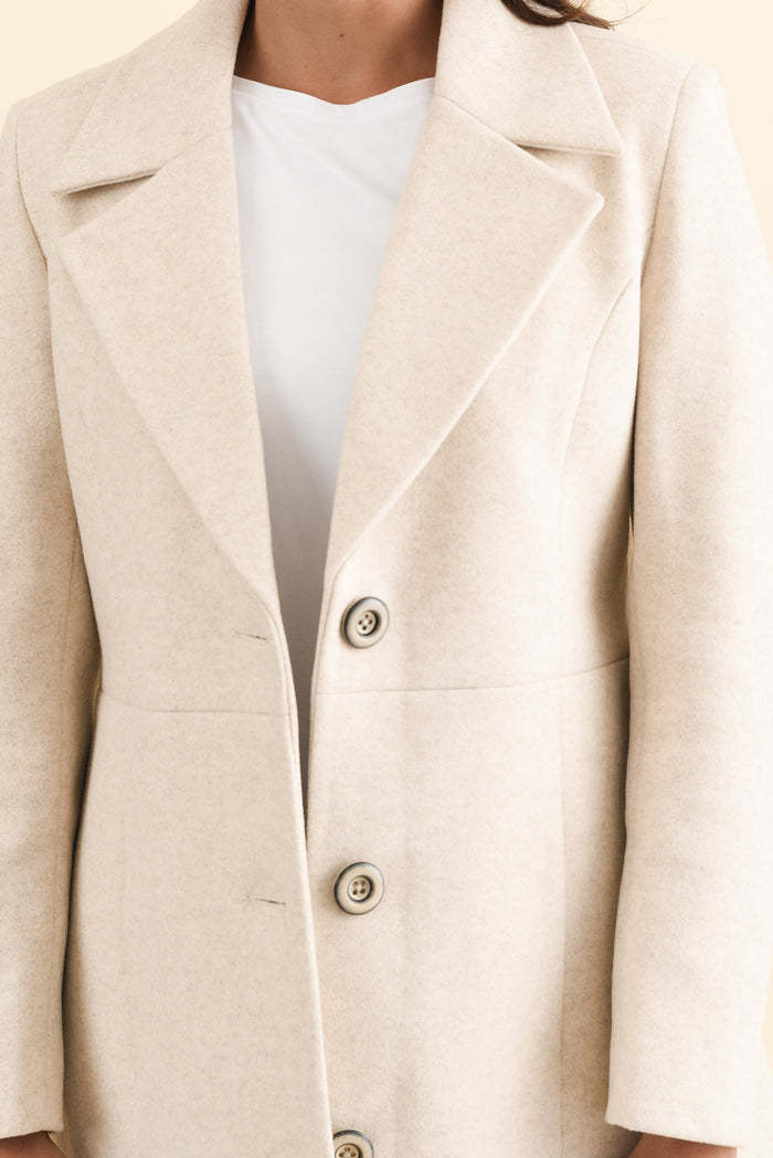 Cevish Beige Button Coat,Brunette model,alt text|model:Brontie