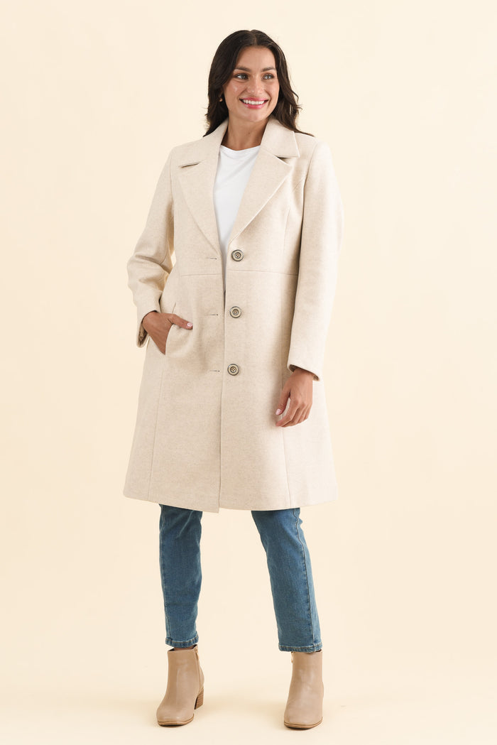 Cevish Beige Button Coat,Brunette model,alt text|model:Brontie