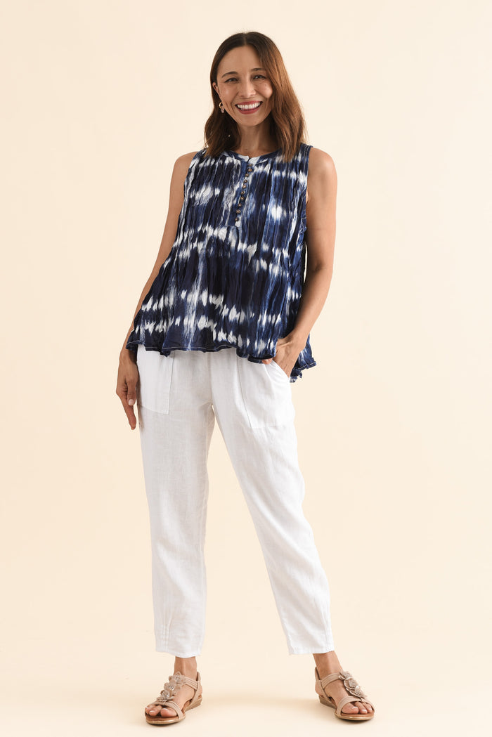 Charlize Navy Tie Dye Cotton Button Tank,Full Body,Brunette model,alt text|model:Cara