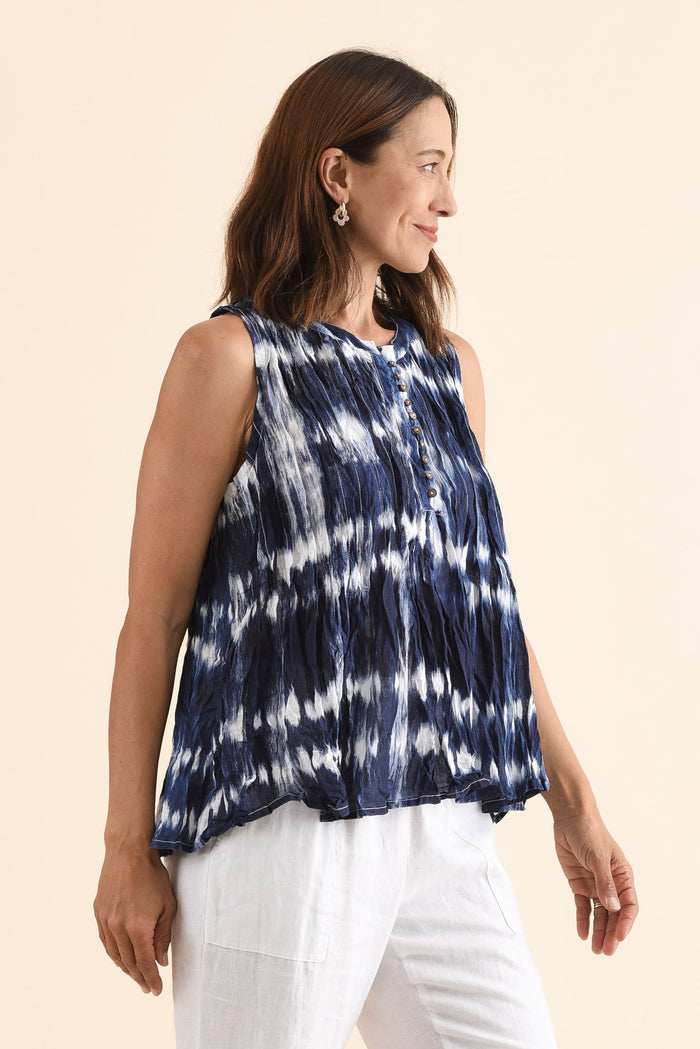 Charlize Navy Tie Dye Cotton Button Tank,Side,Brunette model,alt text|model:Cara