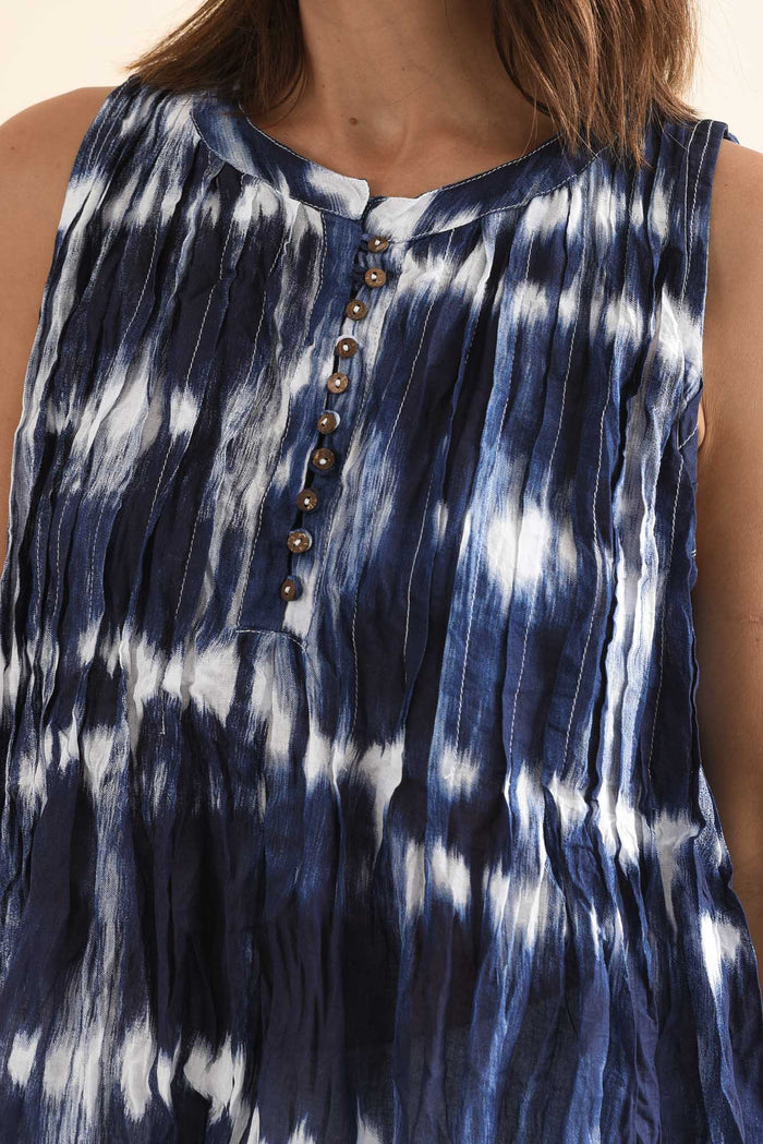 Charlize Navy Tie Dye Cotton Button Tank,Detail,Brunette model,alt text|model:Cara
