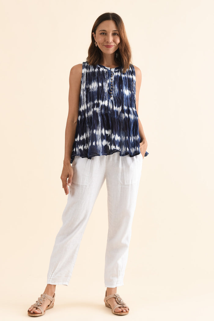 Charlize Navy Tie Dye Cotton Button Tank,Full Body,Brunette model,alt text|model:Cara