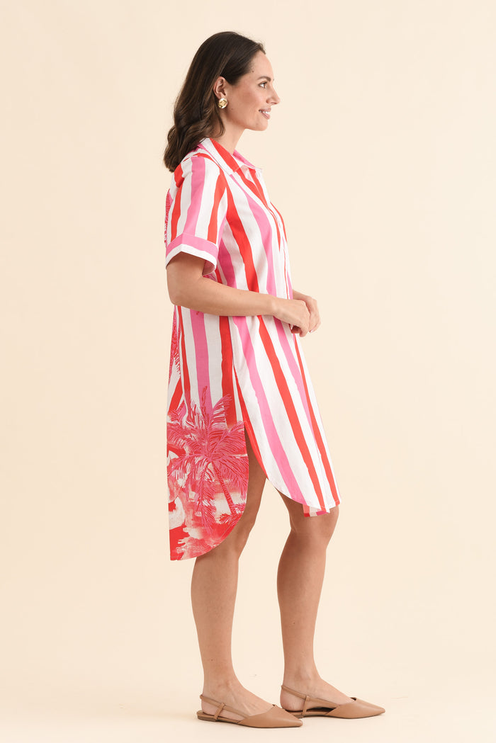 Chatham Red Stripe Palm Cotton Dress,Side,Brunette model,alt text|model:MJ