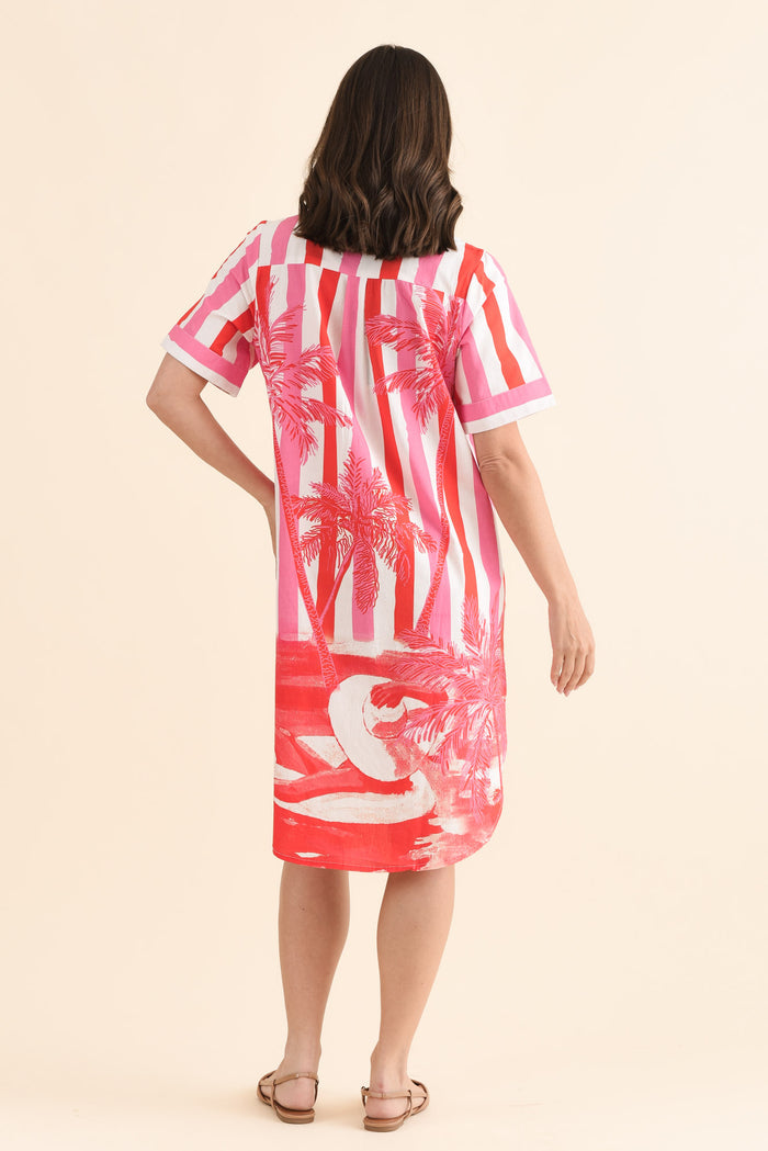 Chatham Red Stripe Palm Cotton Dress,Back,Brunette model,alt text|model:MJ